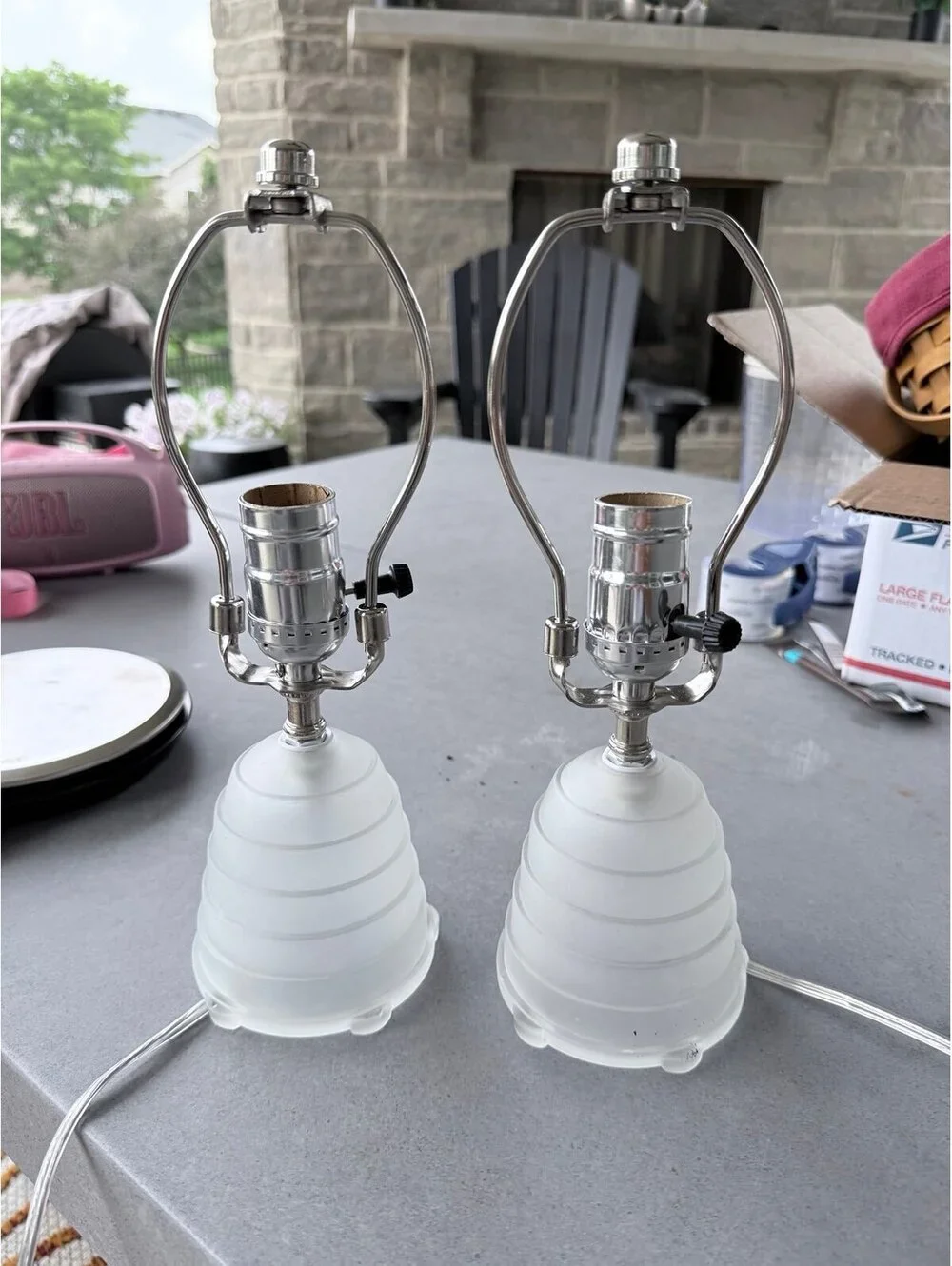 Pair of Vintage Frosted Glass Beehive Accent Table Lamps Brushed Nickel